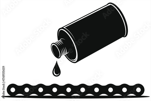 Lubrication Concept: Oil Can Dripping onto Motorcycle Chain, Maintenance Illustration. Black and White Vector Graphic for Mechanics, Bike Care, and Industrial Use.
