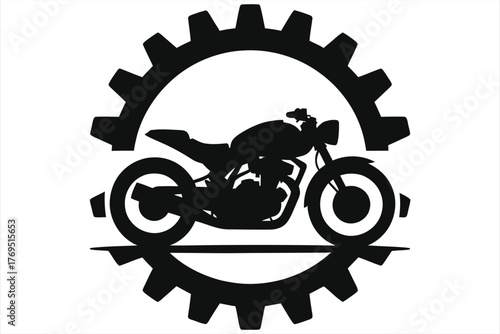Motorcycle and gear vector logo emblem. Biker club or auto repair shop icon. Isolated black and white silhouette illustration for transportation or mechanical design