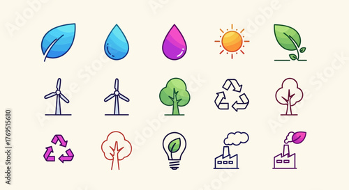 Collection of environmental icons representing nature and sustainability concepts 1.