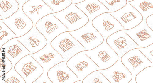 Collection of Hand Drawn Icons Representing Various Landmarks and Transportation Modes.