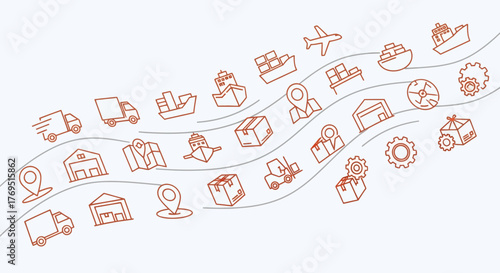 Wavy pattern of logistics and delivery service line icons.
