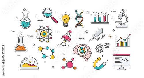 Science and Research Icons Representing Scientific Discovery and Innovation.