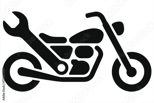 Creative vector logo of motorcycle silhouette ingeniously formed by two spanners, black wrench bike icon for mechanic garage branding, repair service emblem, engineering illustration isolated on white