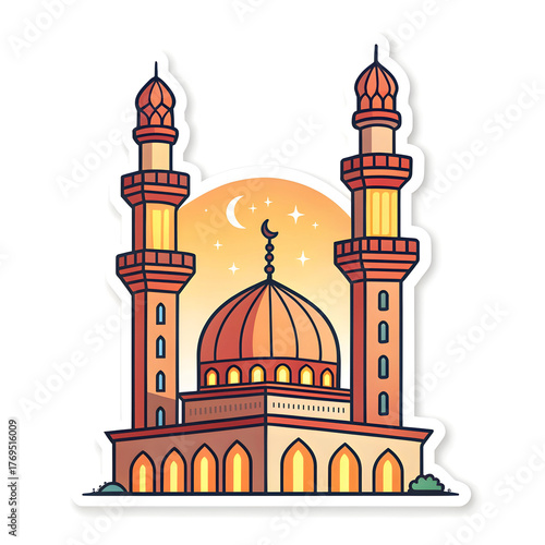 Minarets with glowing lights in sticker style, symbolizing Islamic architecture, spirituality, and celebration, isolated
