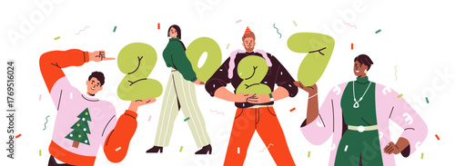 Happy New Year banner with young people team holding 2027 numbers, celebrating holiday. Newyear party celebration with friends and confetti. Flat vector illustration isolated on white background.