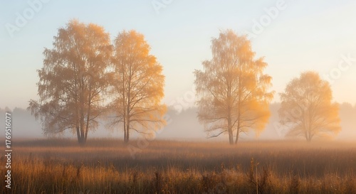 Fototapeta Naklejka Na Ścianę i Meble -  Golden Trees in Misty Meadow at Sunrise - A Serene Autumn Landscape.