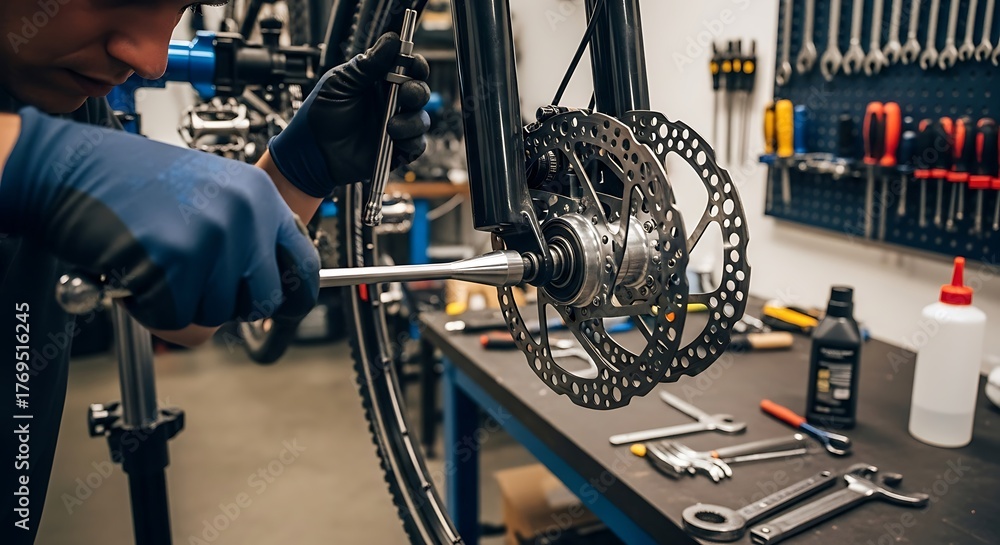 Fototapeta premium Man in gloves repairing a bicycle wheel with tools in a workshop with organized tools on the wall