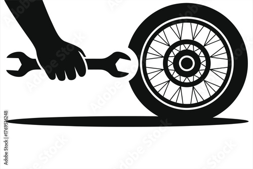 Hand Holding Wrench Near Motorcycle Wheel – Mechanic, Automotive Repair, Maintenance, DIY, Engineering, Technical Service Black and White Vector Illustration