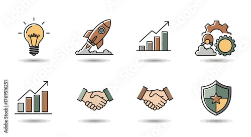 Business and Startup Icons Collection Idea Rocket Launch Growth Teamwork Handshake and Security.