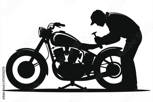 Silhouette of mechanic repairing motorcycle on stand, black and white illustration of motorbike maintenance, workshop service concept, technician working on bike engine, mechanical repair vector 