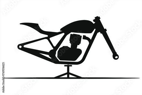 Motorcycle Frame on Maintenance Stand Without Wheels – Vector Illustration of Bike Chassis Repair, Engine Visible, Custom Build Project, Motorcycle Workshop, Mechanical Spare Parts Design
