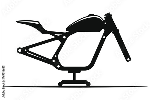Minimalist Motorcycle Frame Silhouette on Stand, Ready for Custom Build, Repair, or Maintenance - Clean Graphic Icon