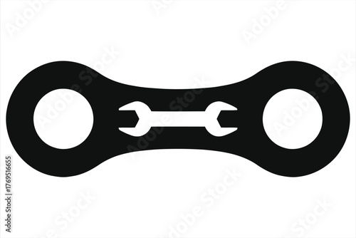 Motorcycle Chain Link with Wrench Icon Inside – Black and White Minimalist Mechanical Symbol, Bike Maintenance Concept, Engineering and Industrial Repair Logo Design Isolated on White Background