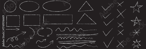 Line mark icon pack. Pencil crayon arrows, cross sign, text quote frames, stars and check emphasis elements for infographic text design. Hand drawn line check mark elements. Vector illustration