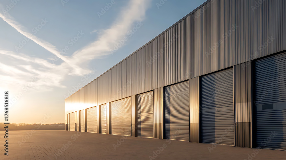 Obraz premium Golden hour bathes a modern, corrugated metal warehouse. Silhouetted trees line the horizon, contrasting with the industrial architecture. A serene sky completes the scene.
