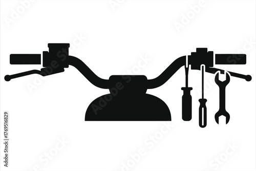 Motorcycle handlebars silhouette with essential tools—wrench and screwdrivers—hanging, vector graphic for repair shop, maintenance, or custom bike logo.