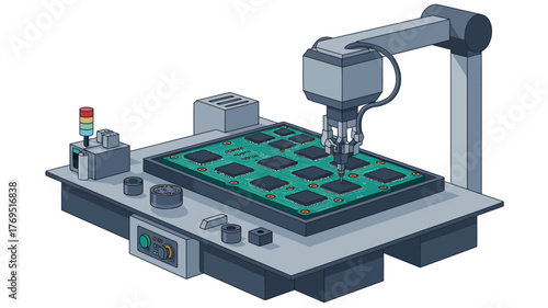 Automated robotic arm assembling electronic circuit board with components