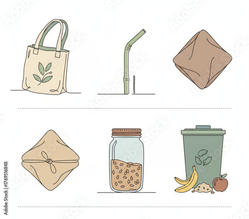 Eco-friendly zero waste essentials reusable shopping bags, drinking straws, food wraps, bulk jars, and waste sorting illustrated for sustainable living
