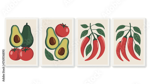 Vibrant illustrations of avocados tomatoes and chili peppers on a white background