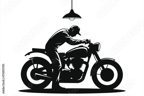 Black silhouette of a classic motorcycle mechanic working under a single overhead workshop lamp, vector for repair, tuning, and customization concepts.