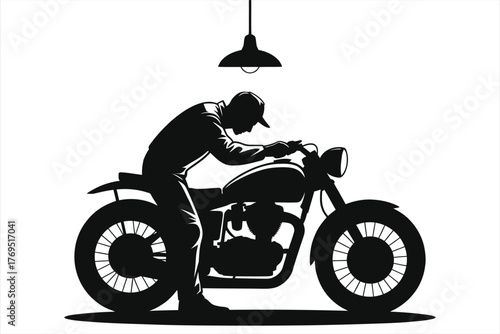Motorcycle Mechanic Working Under Workshop Lamp – Bold Black Silhouette Vector Illustration, Isolated on White Background; Stylized Motorbike Repair Graphic for Garage Branding, Logos