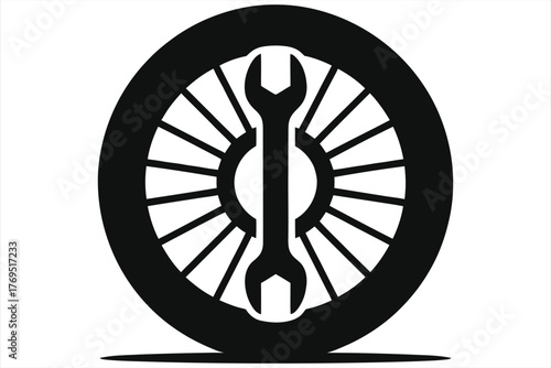 Black silhouette icon of a spoked motorcycle wheel with a wrench centered in the hub, vector isolated on white background for auto repair logo.