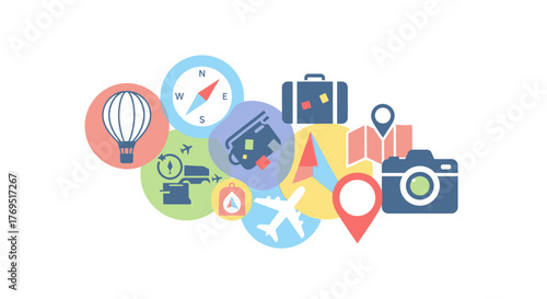 Collection of Travel Icons and Symbols Representing Adventure and Exploration.