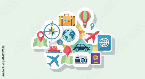 Collection of Travel Icons and Symbols Representing Global Exploration.