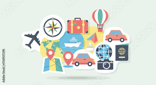 Colorful flat design illustration of various travel and tourism icons.