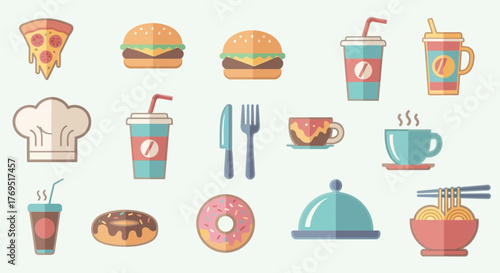 Assortment of Fast Food and Drink Icons in Flat Design.
