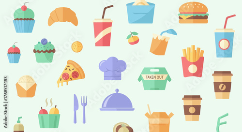 Collection of Delicious Fast Food and Drink Icons.