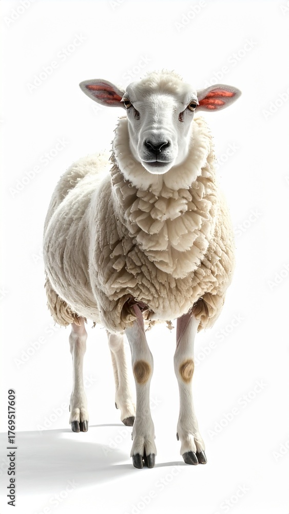 Fototapeta premium A single fluffy white sheep standing and looking forward on a white background.