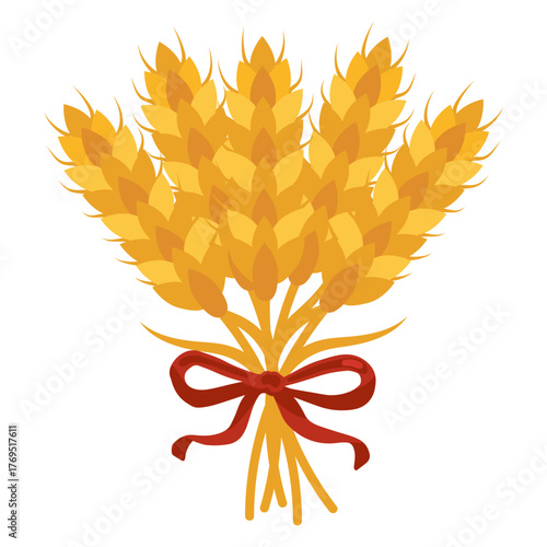 Illustration of wheat sheaf tied with red ribbon bow. Perfect for autumn harvest themes, Thanksgiving graphics, farm design, festive decor, and seasonal promotional materials.