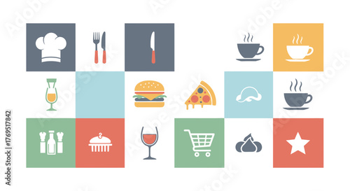 Collection of Food and Drink Icons Representing Restaurant and Cafe Services.