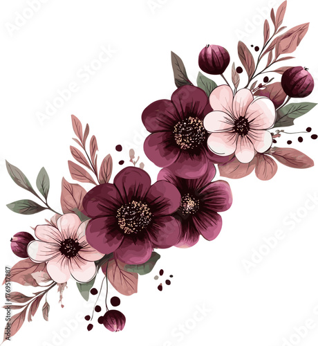 Decorative floral vector stickers with red and pink flowers with clipping path