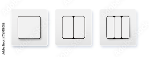 Realistic socket and switch. Interior wall outlets or electric connectors. Switches and sockets set Different square types. Vector