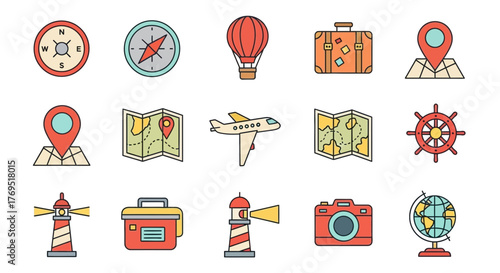 A diverse collection of colorful travel and adventure icons.