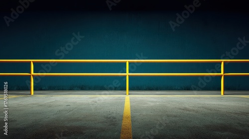Yellow safety railing on concrete ground against dark teal wall background