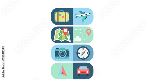 Travel and adventure themed icons with suitcase airplane map camera compass sailboat car.