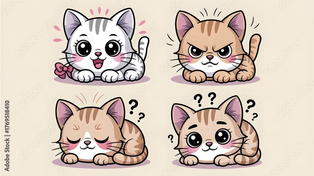 Obraz premium A set of four digital stickers in a kawaii style depicting adorable cartoon cats exhibiting a range 
