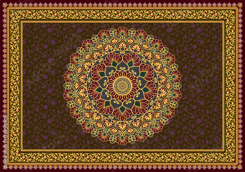 Luxury mandala rug design featuring ornate golden floral patterns on a deep burgundy background, ideal for elegant home decor and textile design.