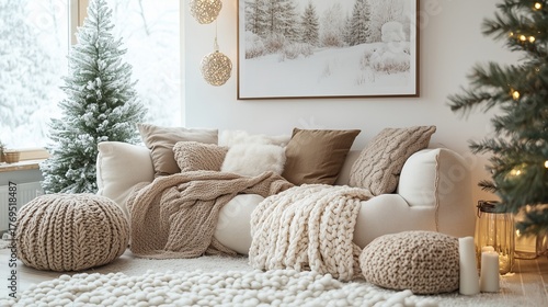 christmas hygge interior soft muted palette of whites, taupe, and pine greens with hand-knit textures and books, pastel minimalistic illustration