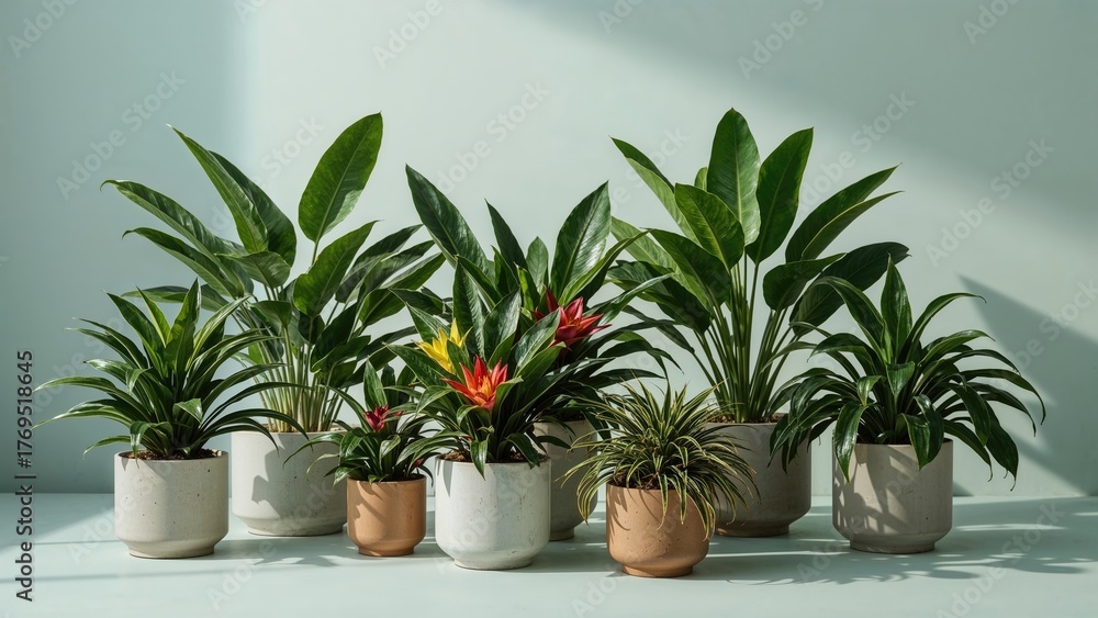 Fototapeta premium Tropical flower pots featuring vibrant green and yellow foliage are arranged together with lush plants in different pots.