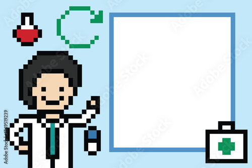 Pixel art background cartoon blank character doctor or scientist man game care medicine decoration pharmacist male doctor uniform hospital 8 bit male pixel art 8 bit vector.