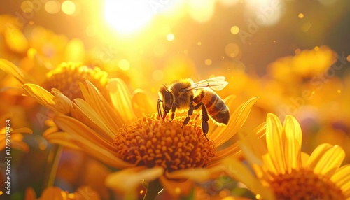 Close-Up of Bee Collecting Nectar from Blooming Flowers at Sunset