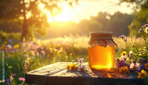 Pure Organic Honey Jar on Rustic Wooden Table with Wildflowers