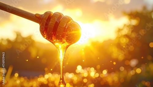 Golden Honey Dripping from Wooden Dipper in Warm Sunlight