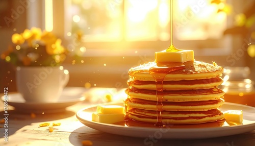 Golden Pancakes with Butter and Honey Dripping in Sunlit Setting