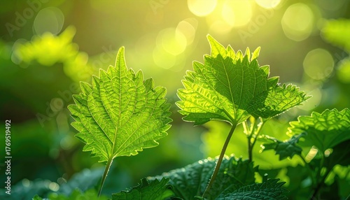 Close-Up of Green Leaves in Sunlight with Bokeh Background Effects