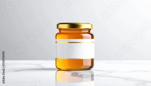 Elegant Honey Jar Design with Golden Label on Marble Surface